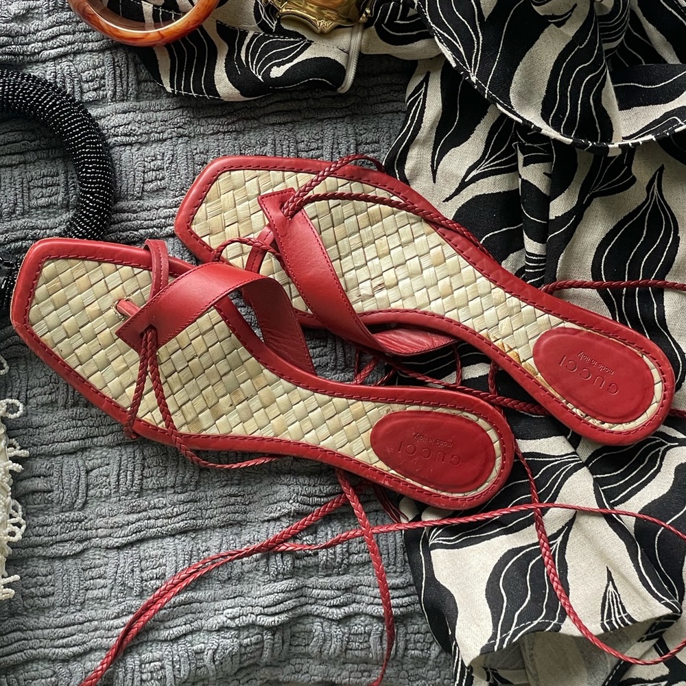 Vintage GUCCI Sandals, Size 7,  RED w/ Ankle Tie Strap, still in box